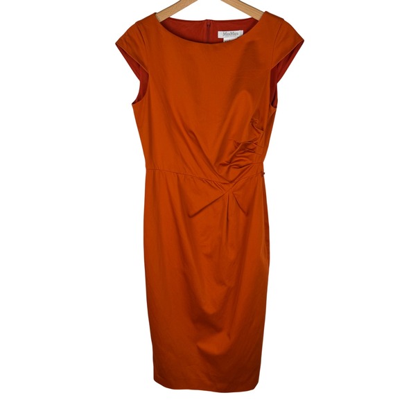 Max Mara Burnt Orange Sheath Dress Womens 8 Gathered Waist Italy Quiet Luxury - Picture 3 of 9